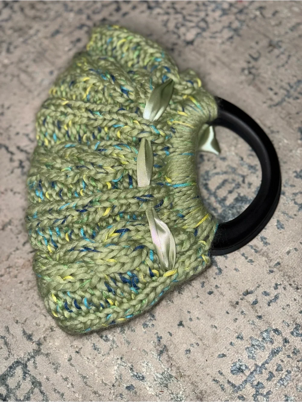 Y2K aesthetic Handmade Green Knit Wristlet with Satin Bow